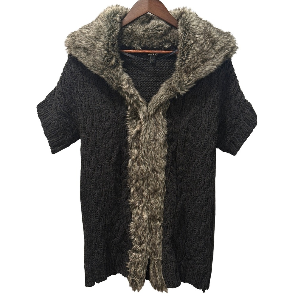 Apt 9 Charcoal Gray Short Sleeve Long Cardigan Faux Fur Trim Size Large‎ Y2K